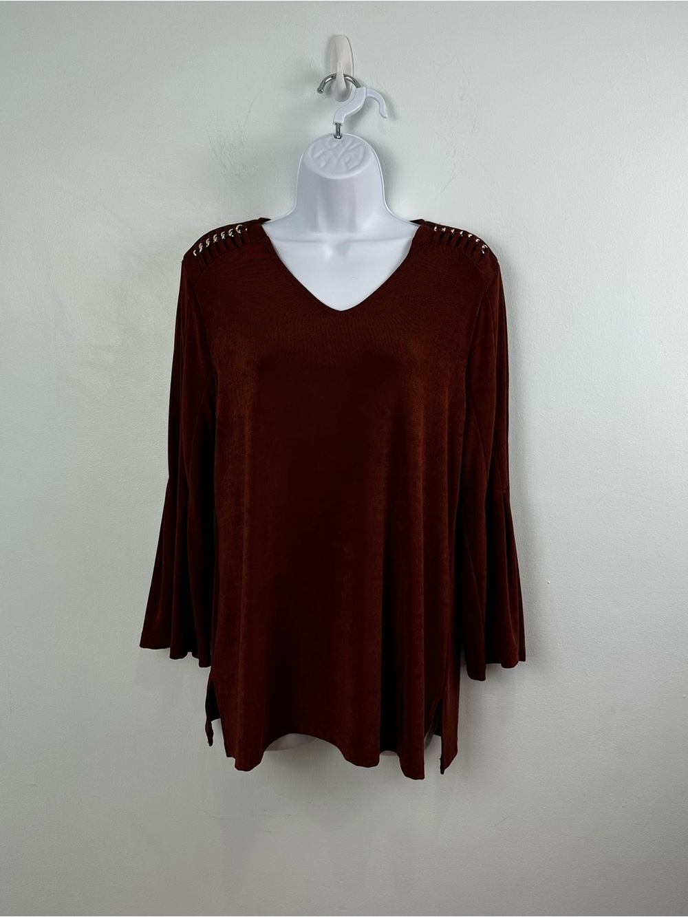 Womens V-Neck Bell Sleeve Top - Brown